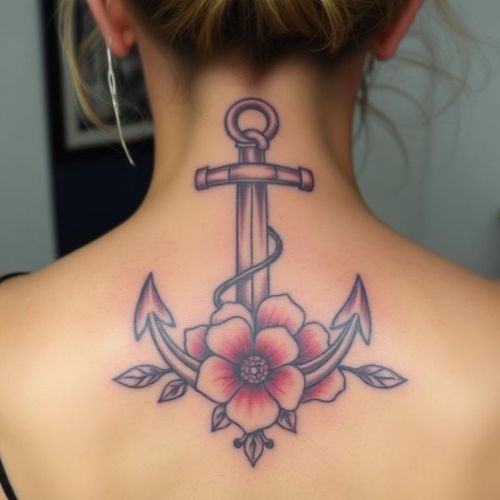 Image of Anchor and Flower Tattoo