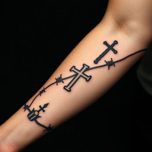 Image of Barbed Wire with Religious Symbols Tattoo