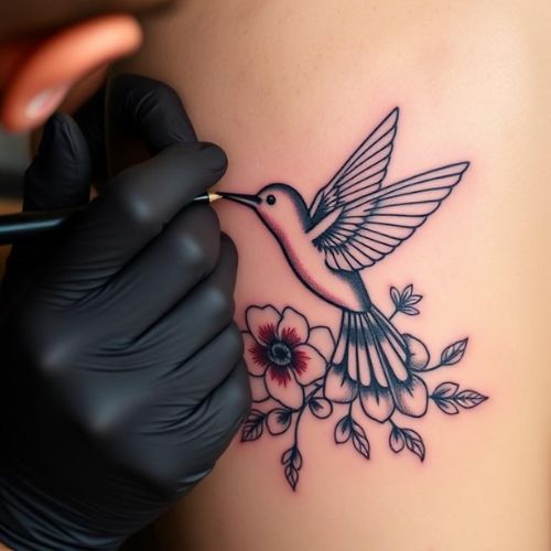 Image of making Hummingbird with Flowers  tattoo for my client.