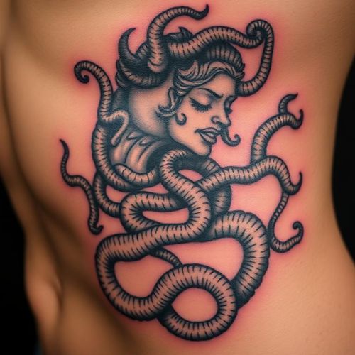 Image of Medusa tattoo on side ribcage 