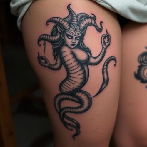 Image of Medusa Tattoo on thigh