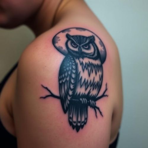 Image of owl tattoo on Shoulder